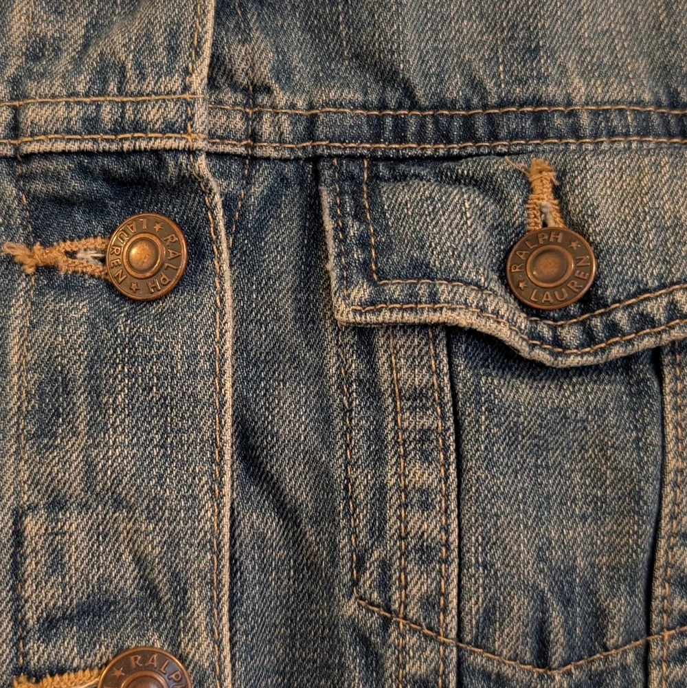 Ralph Lauren Girls Blue Denim Cropped Jean Jacket Patchwork Distressed
